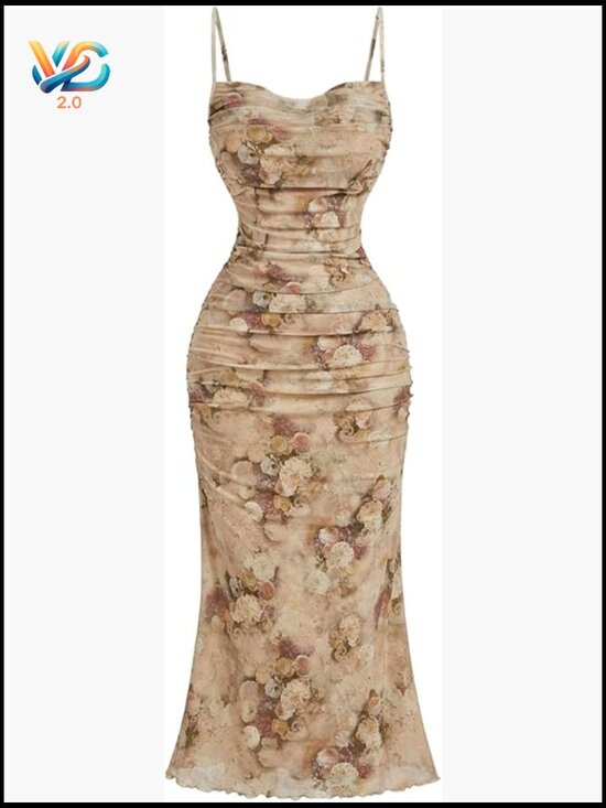 Dresses & Skirts - Floral Ruched Mesh Fishtail Bodycon Midi Dress Sleeveless Cami